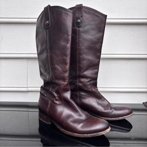 FRYE MELISSA LUG BUTTON TALL WIDE CALF Dark Brown Leather Riding Boots Size 8.5